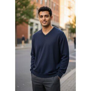 Tasca Collection Sweater Men's Sz S Navy Blue V Neck 100% Merino Wool